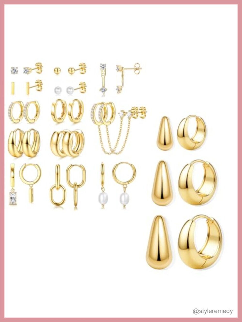 14K Gold Plated Stud Hoop Earrings 16 Pair Set Hypoallergenic Lightweight